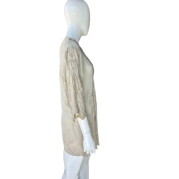 H Trend ITALY 100% Silk Taupe Embroidered Bell Sleeves BOHO CHIC Top - Picture 5 of 8